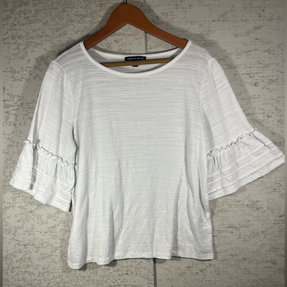 CABLE & GAUGE White Gauzy Boho Blouse Ruffled Bell Sleeves Sz L Coastal Beachy
